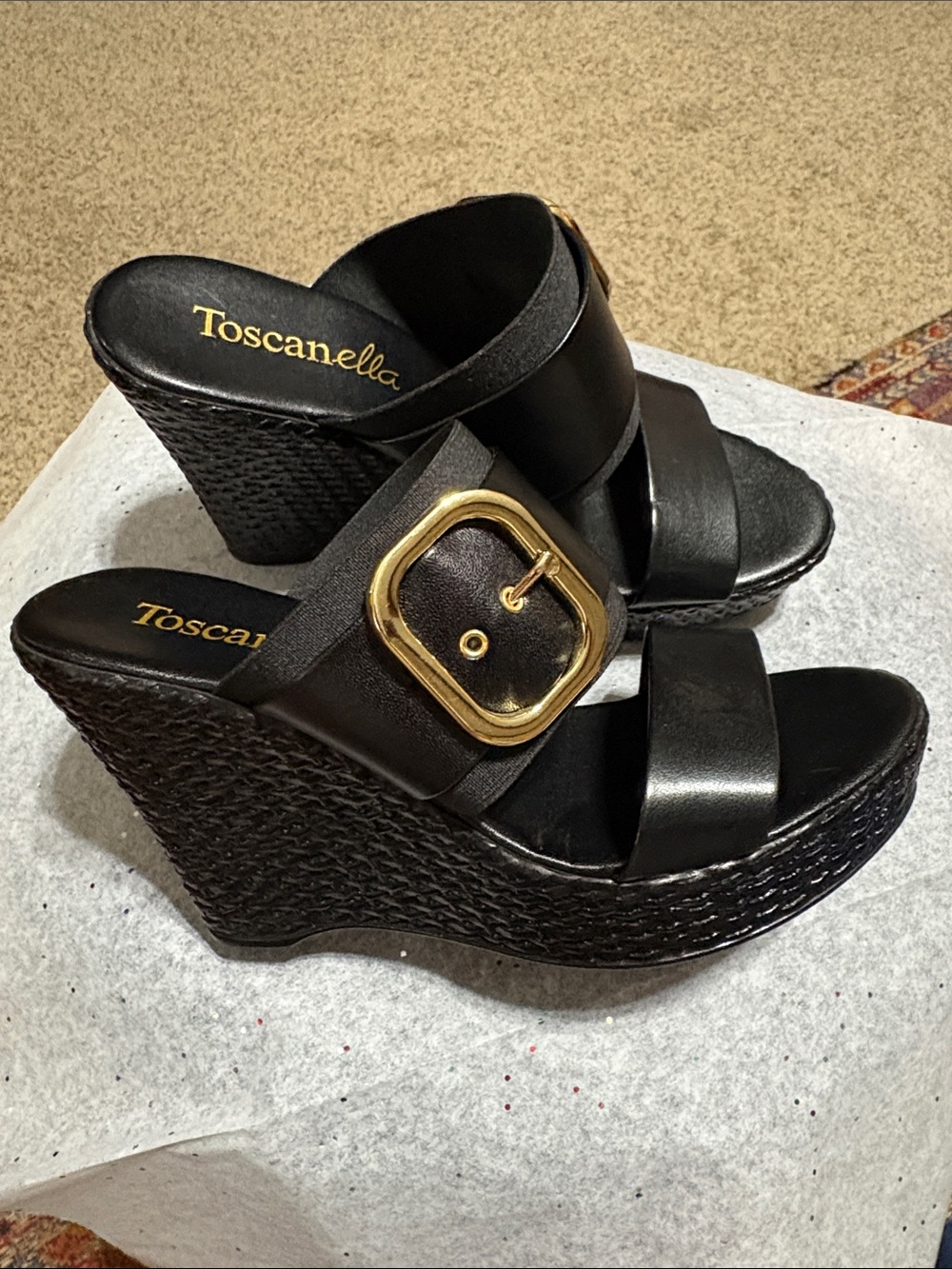 Toscanella Black Wedge Sandals with Gold Buckle Accent